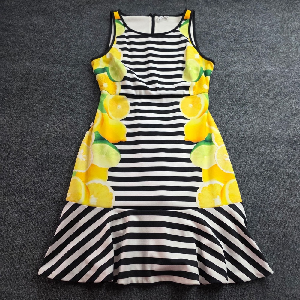 ELLE Dress Women 4 Black White Stripe Lemon Lime Citrus Print Ruffle Flounce Hem